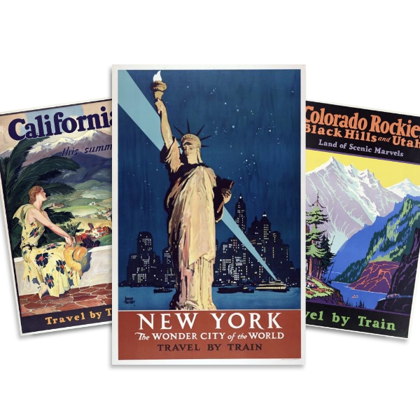 Three historic "Travel by Train" posters, one shows a woman looking out over a valley in California, one shows the Rocky Mountains of Colorado, and one featuring an image of the Statue of Liberty is for New York.