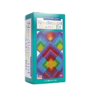 Multicolor box holdinding needlepoint coaster kit with picture of colorful coasters.