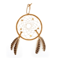Dreamcatcher with tan frame and black striped feathers