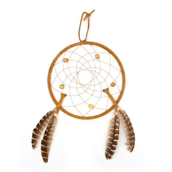 Dreamcatcher with tan frame and black striped feathers