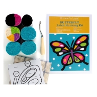 Contents of butterfly latch hooking kit: six bundles of yarn, instruction book, latch hook, and pattern.