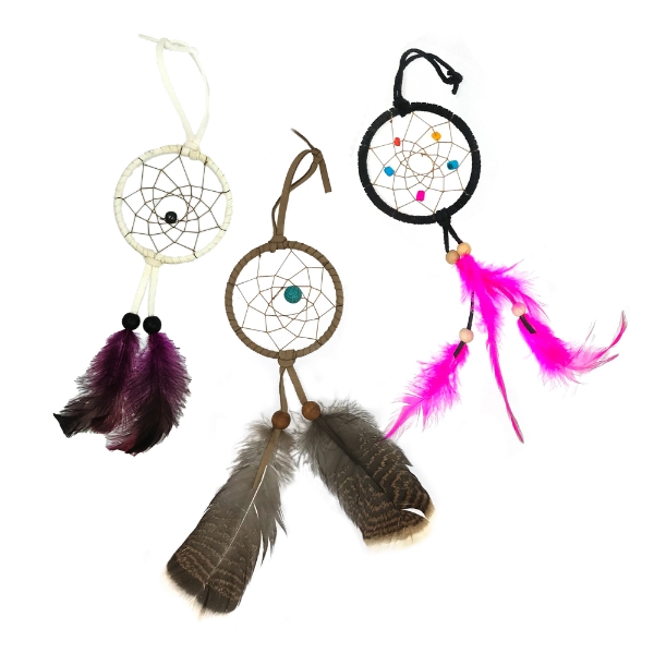 Three small dreamcatchers, 3 inches in diameter, with webbing and beads within the circle and ornamental feathers attached at the bottom.