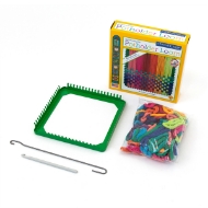 Potholder Loom Kit box with the contents placed in front, including a square loom frame, 2 hooks, and a bag of colorful fabric loops.