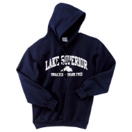 Navy blue hooded sweatshirt that says "Lake Superior. Unsalted and Shark Free."