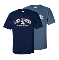 Two Lake Superior T-shirts, one dark blue, one lighter blue. Caption reads "Unsalted and Shark Free."