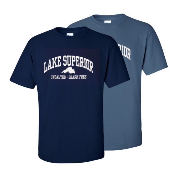 Two Lake Superior T-shirts, one dark blue, one lighter blue. Caption reads "Unsalted and Shark Free."