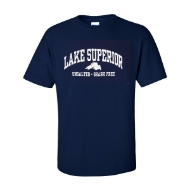 Lake Superior T-shirt, dark blue, with a caption reads "Unsalted and Shark Free."