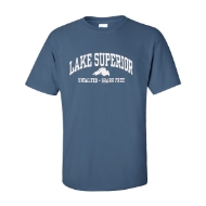 Lake Superior T-shirt, dusty blue, with a caption reads "Unsalted and Shark Free."