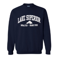 Lake Superior sweatshirt, dark blue. Caption under the arching "Lake Superior" banner reads "Unsalted and Shark Free."
