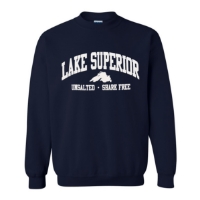 Lake Superior sweatshirt, dark blue. Caption under the arching "Lake Superior" banner reads "Unsalted and Shark Free."