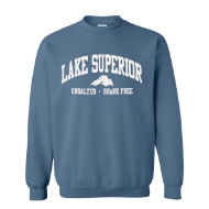 Lake Superior sweatshirt, dusty blue. Caption under the arching "Lake Superior" banner reads "Unsalted and Shark Free."