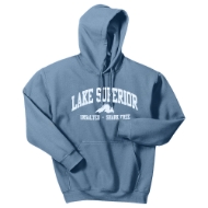 Light blue hooded sweatshirt. White screen print on the front says "Lake Superior, Unsalted and Shark Free."