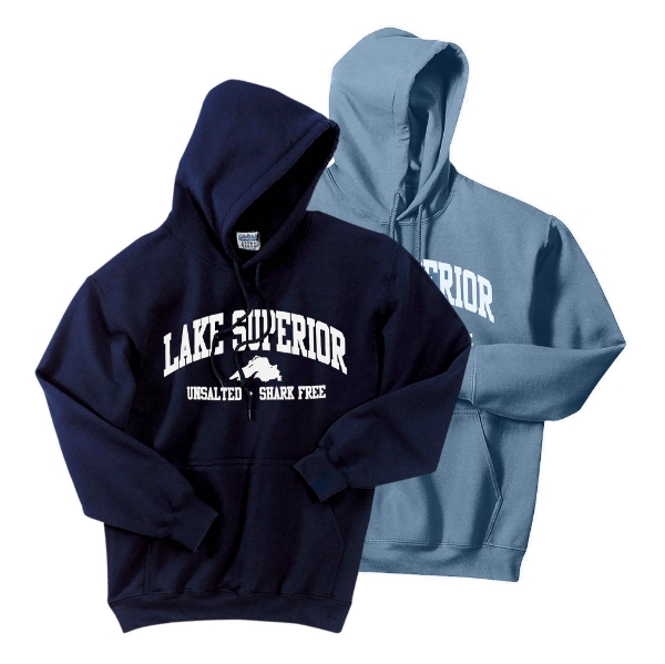 Two hooded sweatshirts, one dark blue, the other light blue. Screen print on the front says "Lake Superior, Unsalted and Shark Free."