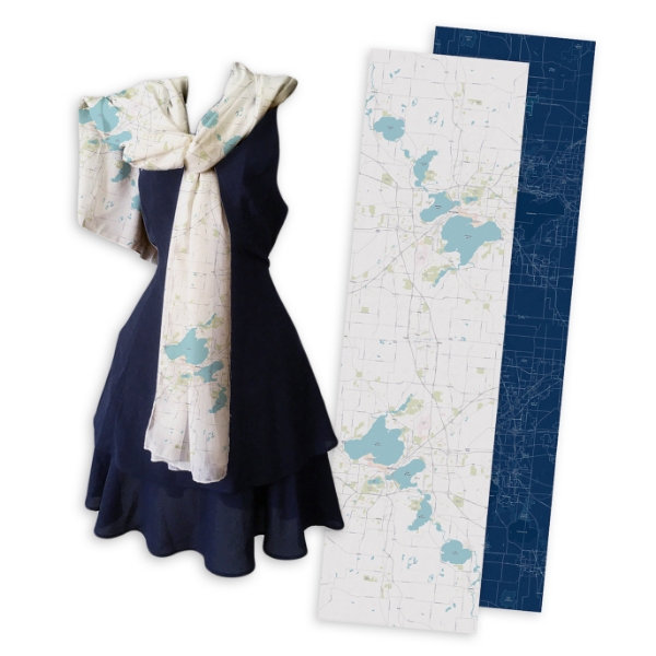 Microfiber scarves with image imprint of main streets and lakes of Madison, Wisconsin.