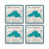 Four square ceramic coasters with detailed topographic map illustration of Lake Superior.