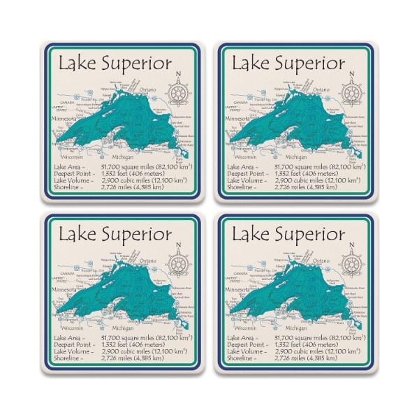 Four square ceramic coasters with detailed topographic map illustration of Lake Superior.