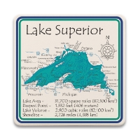 One square ceramic coaster with detailed topographic map illustration of Lake Superior.