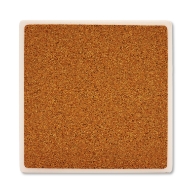 Back side of one square ceramic coaster showing protective cork backing layer.