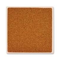 Back side of one square ceramic coaster showing protective cork backing layer.