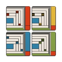 Four square beverage coasters with rectangular designs by Frank Lloyd Wright.