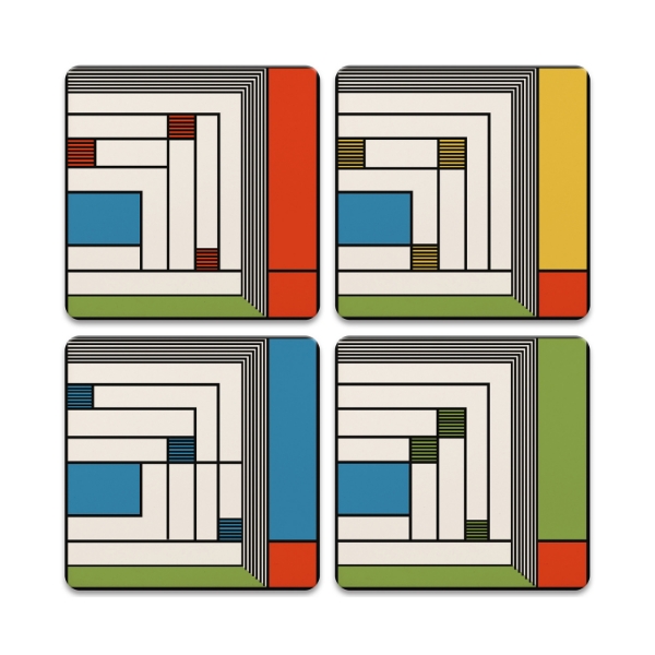 Four square beverage coasters with rectangular designs by Frank Lloyd Wright.