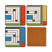 Four square beverage coasters with rectangular designs by Frank Lloyd Wright. Onc coaster is overturned to show the cork backing.