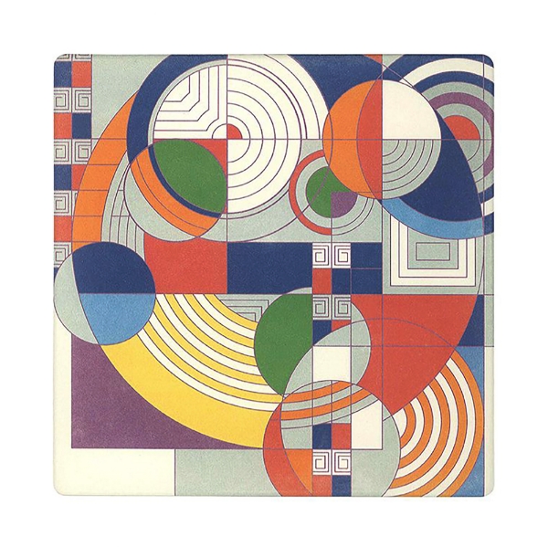 Square trivet with rounded corners and colorful geometric design by Frank Lloyd Wright.