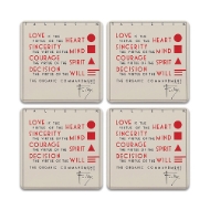 Set of 4 square Frank Lloyd Wright Organic Commandment coasters that describe love in terms of sincerity, courage, and virtue of the will.