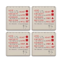 Set of 4 square Frank Lloyd Wright Organic Commandment coasters that describe love in terms of sincerity, courage, and virtue of the will.