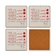 Set of 4 square Frank Lloyd Wright Organic Commandment coasters that describe love in terms of sincerity, courage, and virtue of the will. One coaster is overturned to show cork backing.
