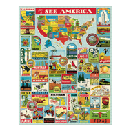 "See America" puzzle, full view assembled. Retro-styled, illustrated map of the United States and iconic state features like buildings, wildlife, and monuments. 