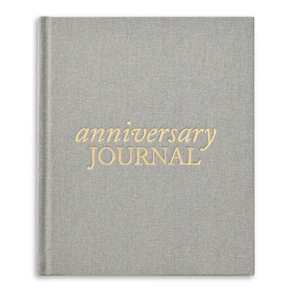 Anniversary Journal with gray linen hardcover. Gold embossed lettering says "Anniversary Journal"