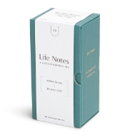 Green keepsake paper box holding "Life Notes - A Letter Writing Kit" wrapped with white product label.