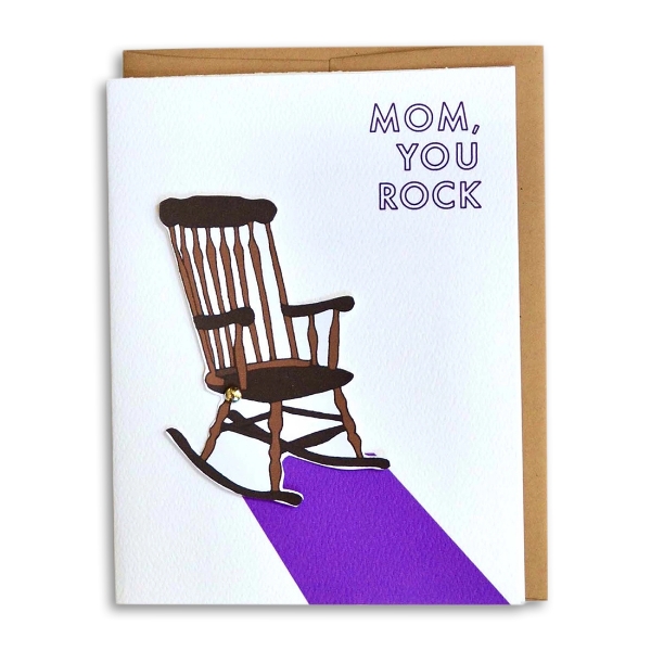 Greeting card with illustration of a rocking chair and text that reads "Mom, You Rock"