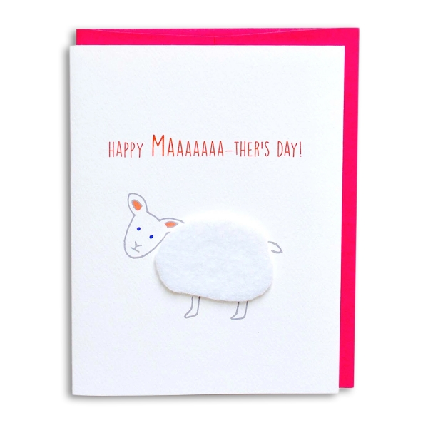 Greeting card with collage illustration of a white lamb and text that reads "Happy Maaaaaaa-ther's" Day!"