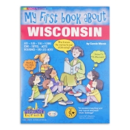 Cover of "My First Book About Wisconsin" with illustration of 6 children sitting and listening to an adult or teacher.