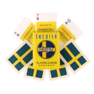 Yellow tin of the Swedish version of Lingo Playing cards surrounded by 6 samples of the cards.