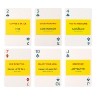 Six samples of the Swedish Lingo playing cards. Each shows a Swedish word or phrase, pronunciation tip, and translation.