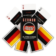 Black tin box of German Lingo playing cards surrounded by 6 sample cards. 
