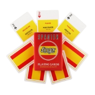 Red storage tin holding a deck of Lingo playing cards, surrounded by six sample cards.