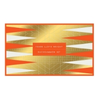 Box top of Frank Lloyd Wright Backgammon set. Orange, white, and gold foil design.