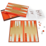 Frank Lloyd Wright Backgammon set with box, open board, instruction booklet, and game pieces.