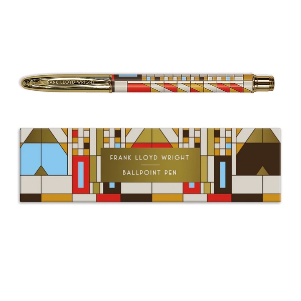 Pen with Frank Lloyd Wright design next to a box with a similar "Tree of Life" design by the artist.