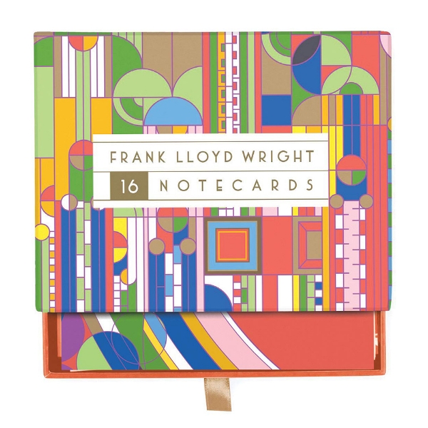 Colorful box of notecards with designs by Frank Lloyd Wright. Pull-out drawer with ribbon tab.