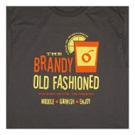 Detail of the orange and yellow screen print on the gray Brandy Old Fashioned Shirt, showing an illustration of a brandy old fashioned and the words "Muddle. Garnish. Enjoy."