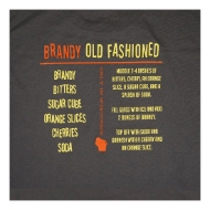 Detail of the orange and yellow screen print on the back of the gray Brandy Old Fashioned Shirt, showing a recipe for making a brandy old fashioned drink.