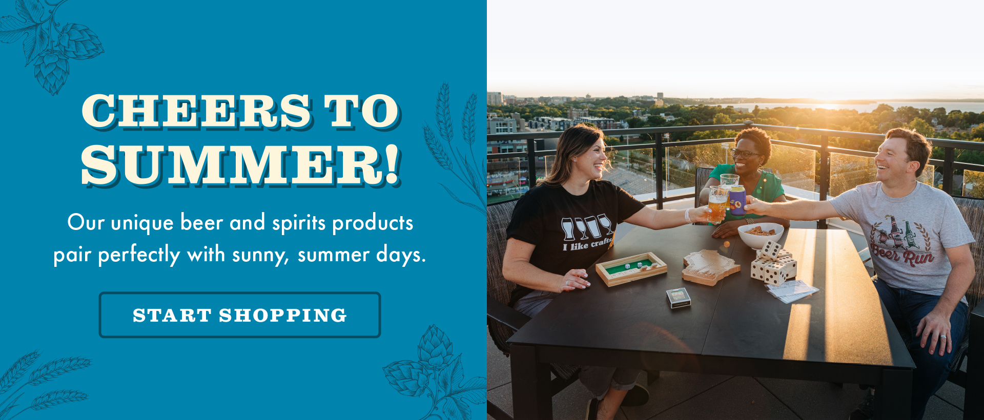 WHS online store banner image showing three adults enjoying an evening outside with beer and games.