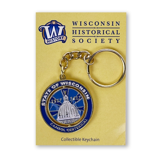 Metal key chain with gold chrome finish and enamelled image of the Wisconsin State Capitol Dome.