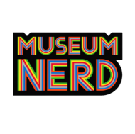 Museum Nerd sticker with the word "Musuem" on top and the word "Nerd" below. Pinstripe rainbow font on black background. 