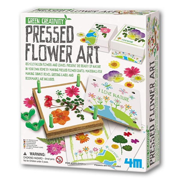 Box holding "Pressed Flower Art" kit. Colorful photo showing the cardboard flower press, little paper boxes, and note cards that can be used for crafting.